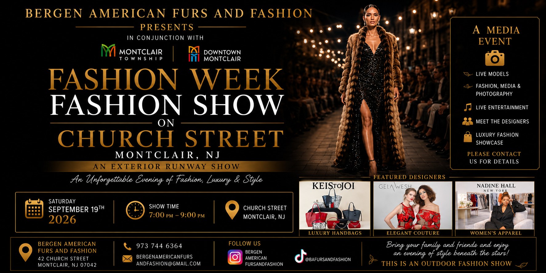 Fashion Week Fashion Show on Church Street, Montclair NJ - outdoor runway show by Bergen American Furs and Fashion, Saturday September 19, 2026, 7-9 PM