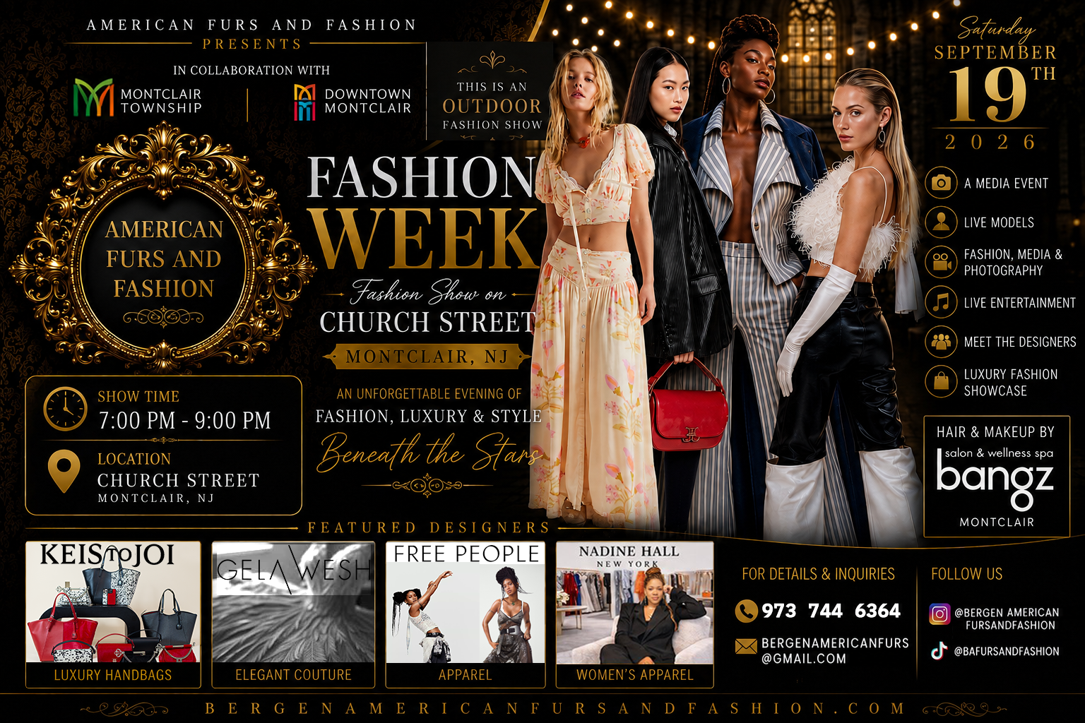 Fashion Week Fashion Show on Church Street, Montclair NJ - outdoor runway show by Bergen American Furs and Fashion, Saturday September 19, 2026, 7-9 PM