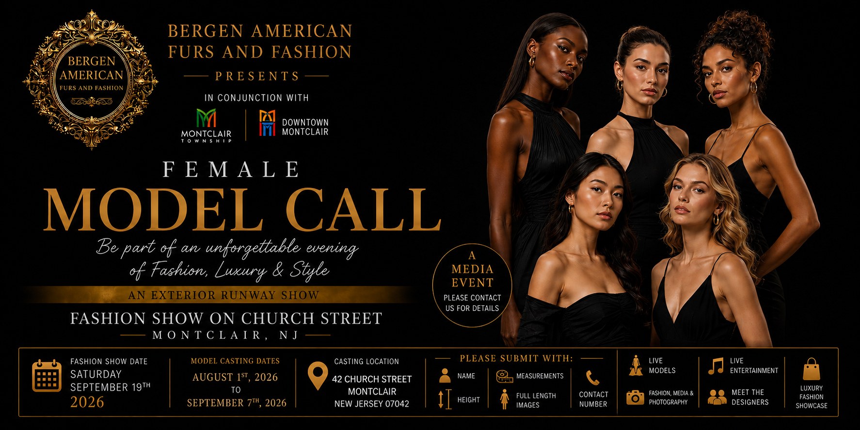 Female model call - casting August 1 to September 7, 2026 at 42 Church Street Montclair NJ for the September 19 Fashion Week runway show