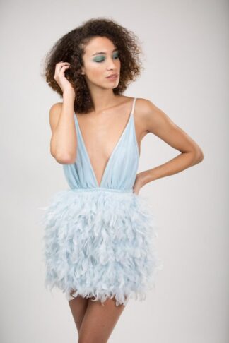 Gela Wesh Baby Blue Feather Dress – plunging V-neck baby blue tulle mini dress with feather skirt