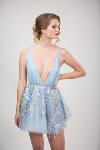 Gela Wesh Baby Blue Flower Dress – plunging V-neck baby blue lace mini dress with flower appliques