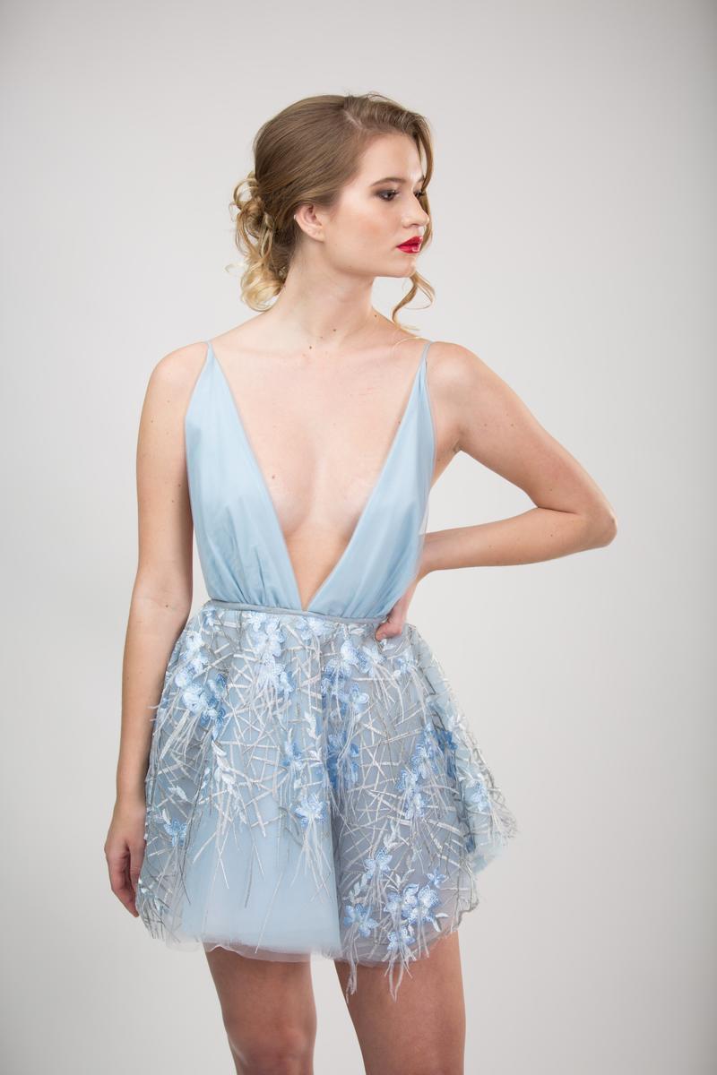 Gela Wesh Baby Blue Flower Dress – plunging V-neck baby blue lace mini dress with flower appliques