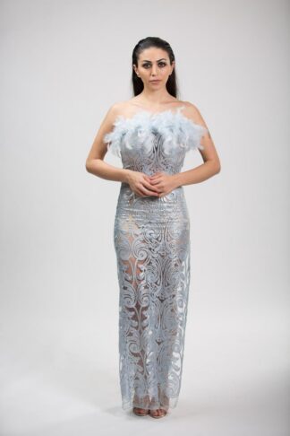 Gela Wesh Baby Blue Lace Evening Dress – long baby blue lace evening dress with feather-trimmed neckline