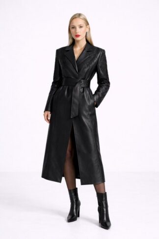 Gela Wesh Belted Faux Leather Coat – black belted faux leather coat with feather embroidery on shoulders and sleeves