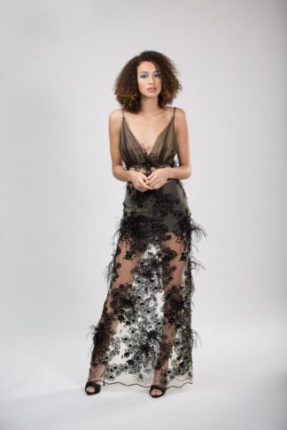 Gela Wesh Black Feather Evening Dress – V-neck long black evening dress with beige feather flowers