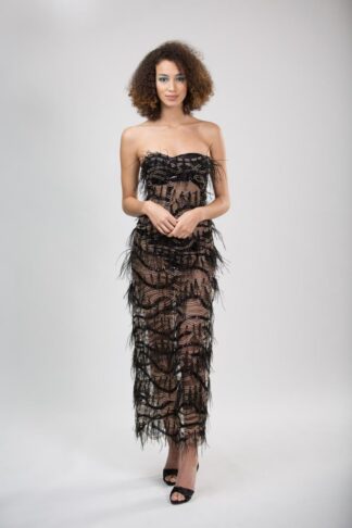 Gela Wesh Black Gala Lace Feather Dress – strapless long black tiered lace dress with feathers and leg slit