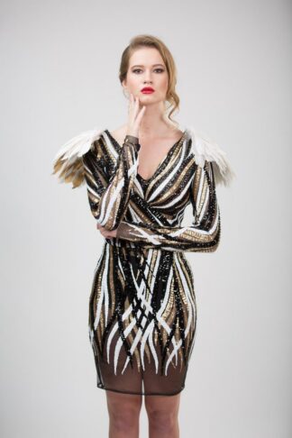 Gela Wesh Black Long Sleeve Sequin Dress – black and gold patterned sequin mini dress with feather shoulder detail