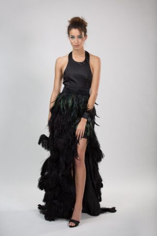 Gela Wesh Black Red Carpet Feather Gown – two-piece black red carpet gown with halter top and dramatic ostrich feather high-low skirt