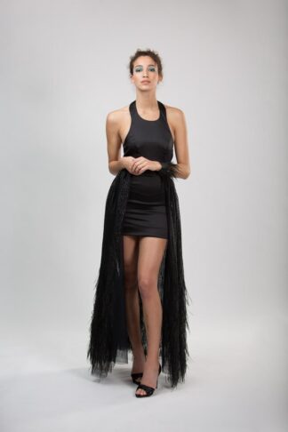 Gela Wesh Black Satin Feather Dress – two-piece black satin dress with feather-trimmed overlay skirt