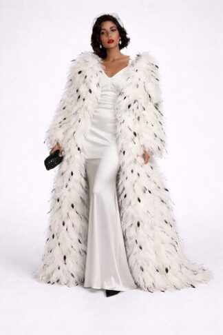 Gela Wesh Black & White Feather Cape – floor-length cape coat covered in black and white feathers