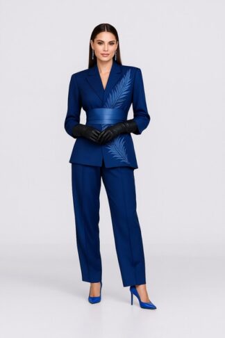 Gela Wesh Blue Feather Printed Suit – blue tailored suit with printed feather motif and wide satin belt