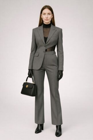 Gela Wesh Charcoal Cut-Out Tailored Suit – charcoal fitted blazer with sheer mesh waist cut-out and tailored trousers