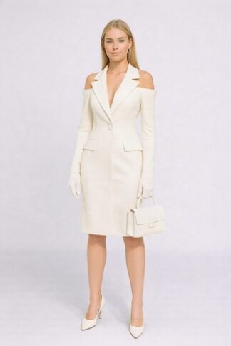 Gela Wesh Cold-Shoulder Blazer Dress – ivory tailored blazer dress with cold-shoulder cutouts and single-button front