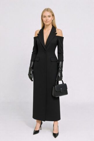 Gela Wesh Cold-Shoulder Long Blazer Dress – black longline blazer dress with cold-shoulder cutouts and deep V neckline