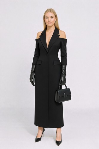 Gela Wesh Cold-Shoulder Long Blazer Dress – black longline blazer dress with cold-shoulder cutouts and deep V neckline