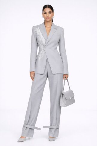 Gela Wesh Feather Appliqué Tailored Suit – ash-grey tailored suit with white feather embroidery and wide-leg trousers