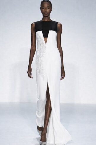 Gela Wesh Feather Contrast Gown – white sleeveless gown with black V-neck bodice, front slit and feather embroidery