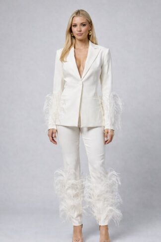 Gela Wesh Feather Cuff Satin Power Suit – ivory satin power suit with deep V neckline and feather-trimmed cuffs
