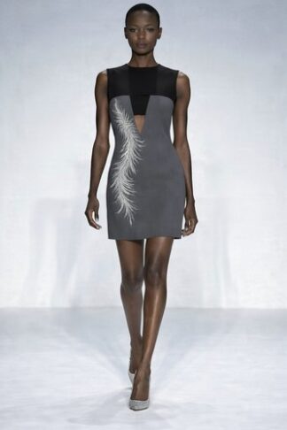 Gela Wesh Feather Cutout Mini Dress – grey structured mini dress with front cutout and feather embroidery