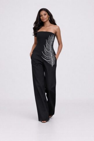 Gela Wesh Feather-Embroidered Jumpsuit – strapless black jumpsuit with sculpted bodice, wide legs and feather embroidery