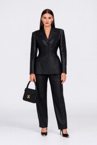 Gela Wesh Feather-Embroidered Power Suit – black faux leather power suit with feather embroidery on shoulders and sleeves