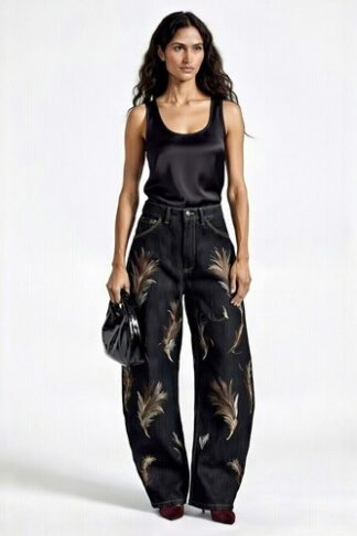 Gela Wesh Feather Print Wide-Leg Pant – black high-waisted wide-leg pants with allover feather print