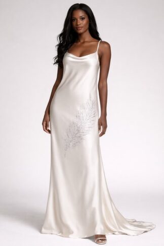 Gela Wesh Feather Silk Slip Gown – ivory silk slip gown with fine straps, low open back and feather-embroidered skirt