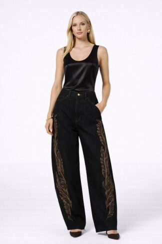 Gela Wesh Gold Feather Wide-Leg Jeans – black wide-leg jeans with gold feather embroidery down the outer legs