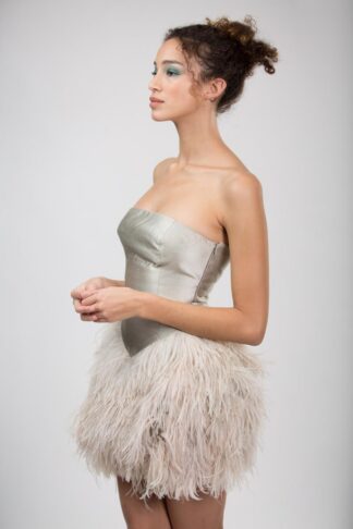 Gela Wesh Gold Satin Feather Dress – strapless gold satin bodice cocktail dress with ivory ostrich feather skirt