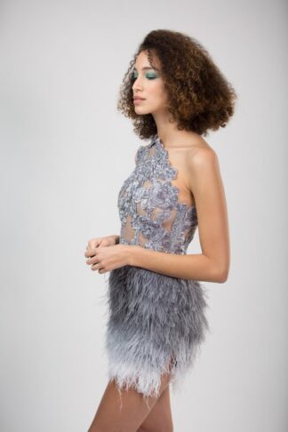 Gela Wesh Grey Ombré Asymmetrical Feather Dress – grey ombre one-shoulder cocktail dress with lace bodice and feather skirt
