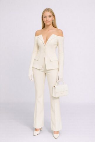 Gela Wesh Ivory Off-Shoulder Tailored Suit – ivory off-shoulder blazer suit with plunge neckline and flared trousers