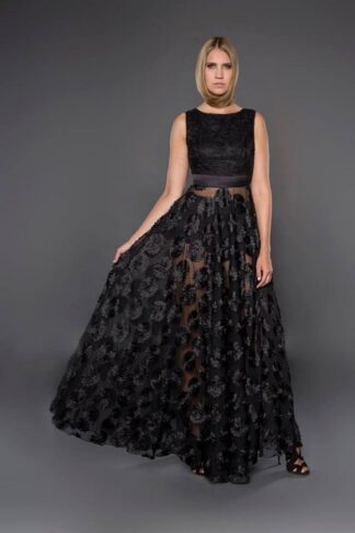 Gela Wesh Long Black Lace Evening Dress – sleeveless long black evening dress with sheer floral applique skirt