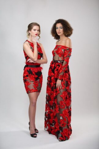 Gela Wesh Long Red Black Lace Evening Dress – long red and black lace evening dress with long sleeves