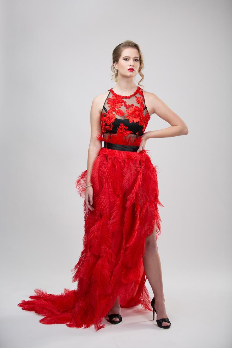Gela Wesh Red Carpet Feather Gown – two-piece red carpet gown with lace top and red ostrich feather skirt with leg slit
