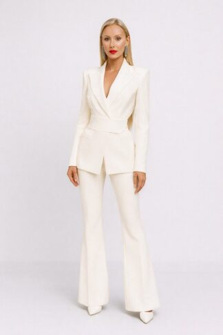 Gela Wesh Tailored Wrap Suit – ivory wrap-style blazer with deep V neckline and high-waisted flared trousers