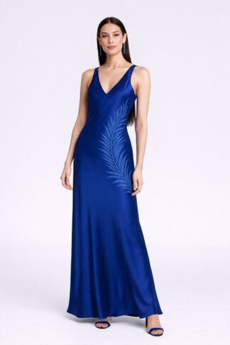 Gela Wesh V-Neck Feather-Printed Silk Gown – royal blue silk gown with deep V neckline and side feather print