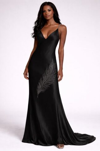 Gela Wesh V-Neck Silk Gown – black silk gown with deep V neckline, open back and diagonal feather embroidery
