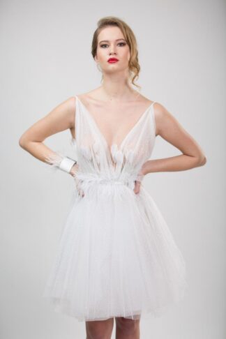 Gela Wesh White Glitter Tulle Feather Dress – V-neck white glitter tulle babydoll dress with feather trim