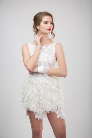 Gela Wesh White Lace Feather Dress – sleeveless white lace bodice dress with soft feather skirt