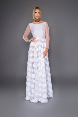 Gela Wesh White Lace Tulle Evening Dress – white floor-length tulle evening dress with sheer long sleeves and floral lace appliques