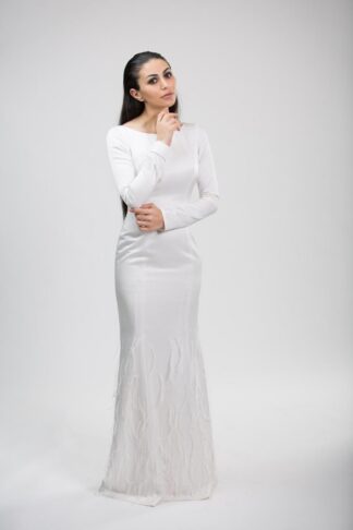 Gela Wesh White Satin Wedding & Evening Gown – long-sleeve white satin column gown with feather-trimmed hem