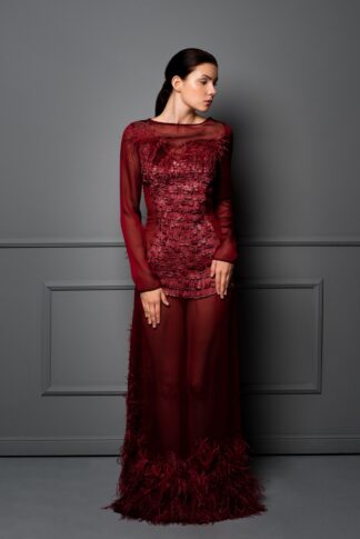 Gela Wesh Wine Red Gown – long-sleeve wine red embellished sheer gown with feather hem