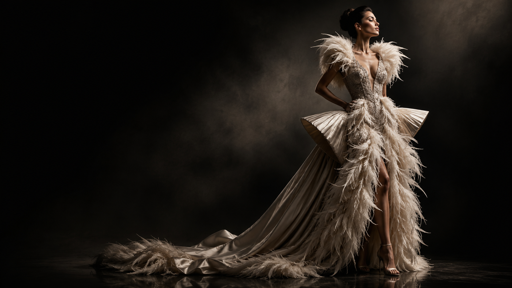 Model in an ivory ostrich feather gown from the Gela Wesh FW26/27 collection at Bergen American Furs and Fashion