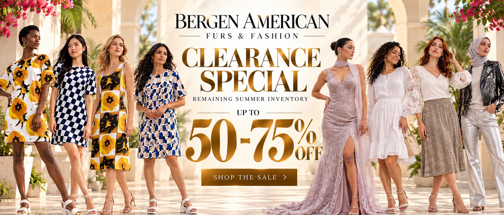 Bergen American Furs & Fashion clearance special, 50 to 75% off remaining summer inventory: eight models in printed dresses, a lace gown and silver trousers