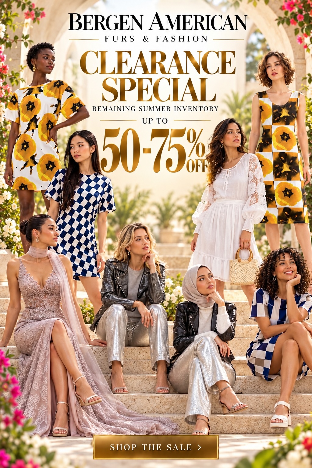 Bergen American Furs & Fashion clearance special, 50 to 75% off summer inventory: models on stone steps in print dresses, a lace gown and leather jackets