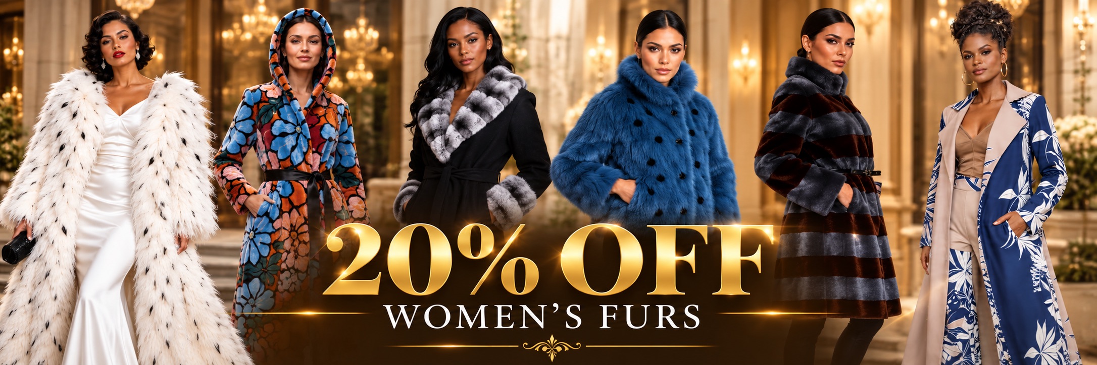 20% off women’s furs at Bergen American Furs & Fashion: six models in fur coats and jackets in a chandeliered hall